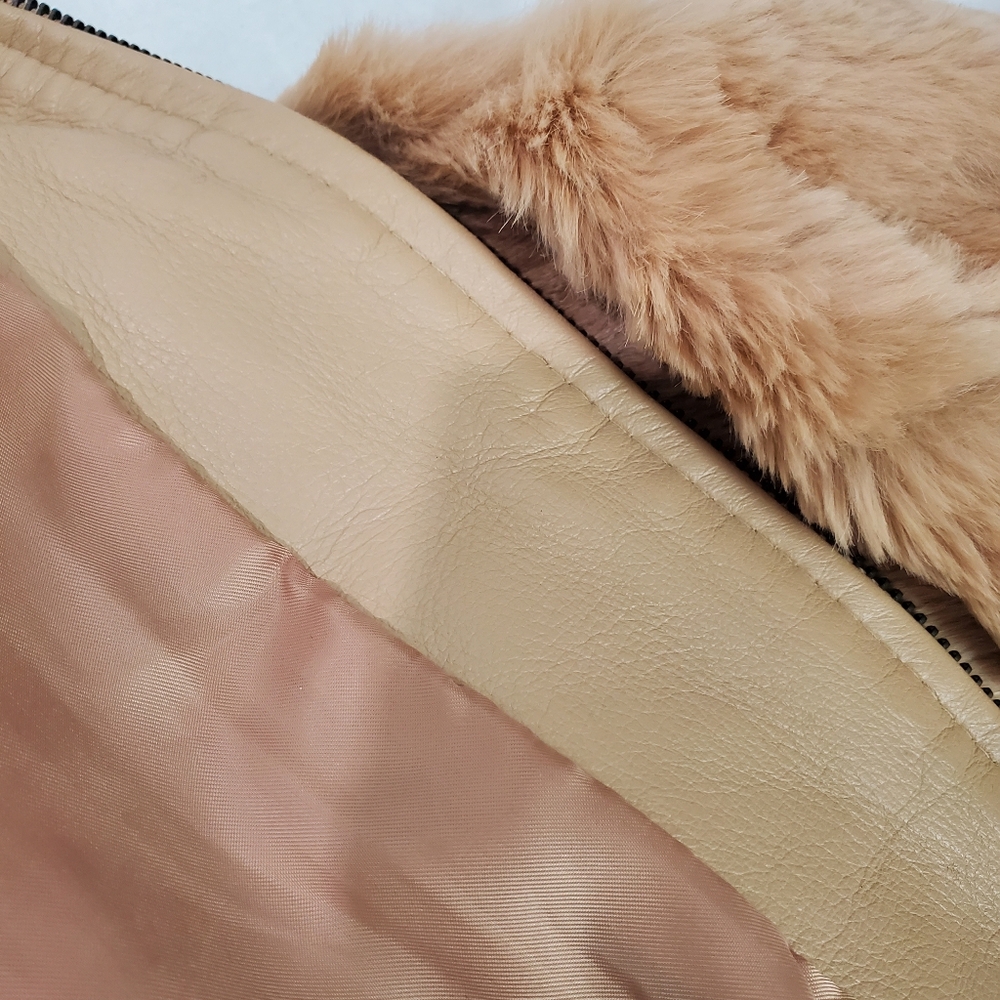 Cynthia Cynthia Steffe Tan 100% Rabbit Fur Leather Y2K Bomber Jacket Soft Size S - Picture 13 of 15